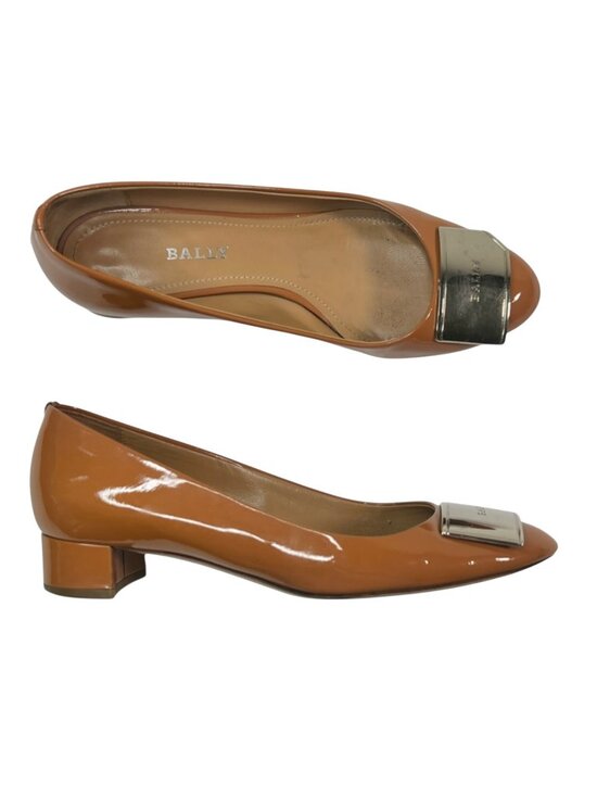 Bally Heline Patent Calf Leather Low Heels w/ metal Logo Plaque Brown 36 US 5.5 - Picture 1 of 16